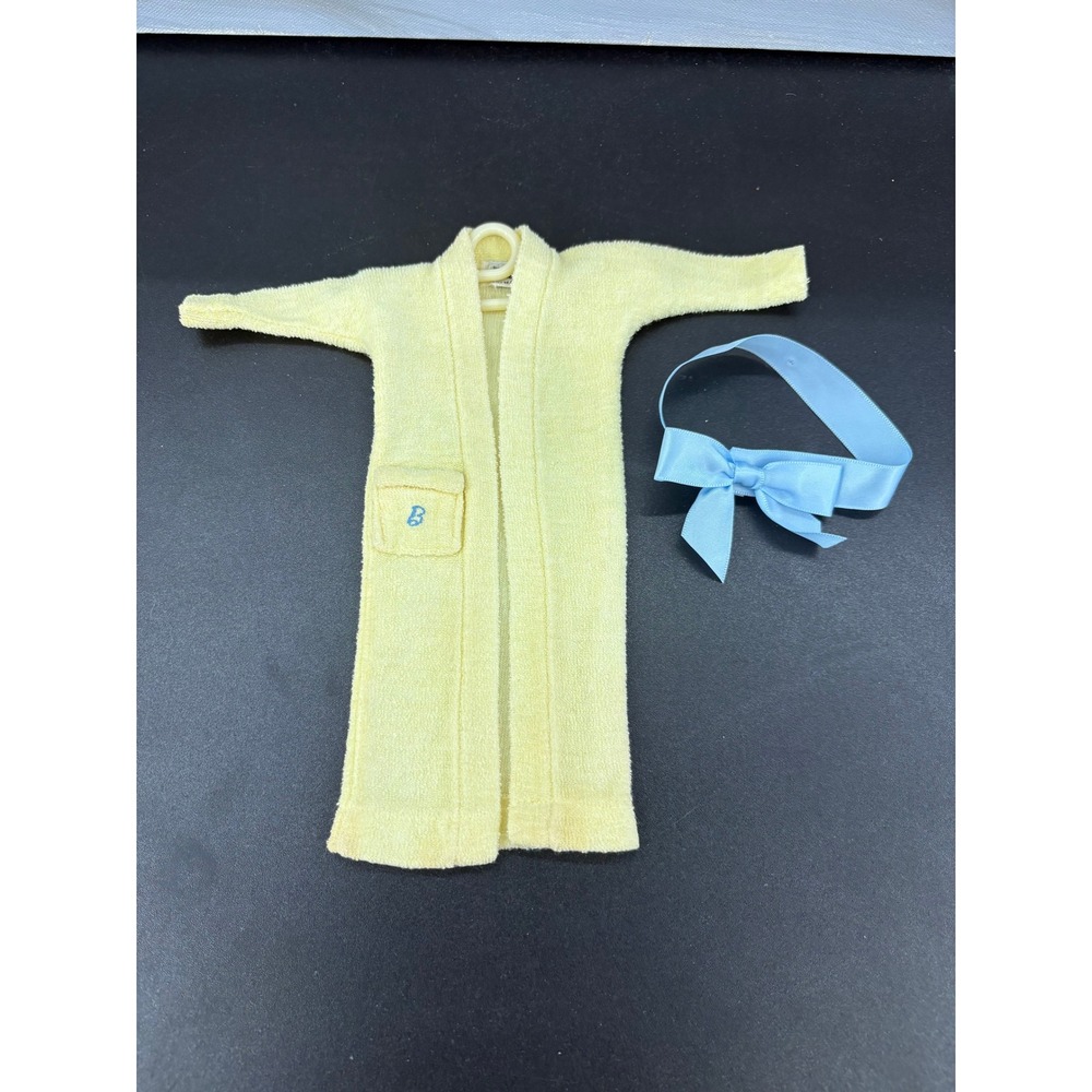 Vintage Barbie Mattel Yellow Terry Cloth Bathrobe Blue B Logo Blue Bow 1960s